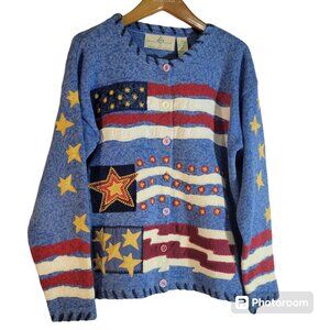 Design Options Cardigan Womens Medium American Patriotic Red White Blue Buttons